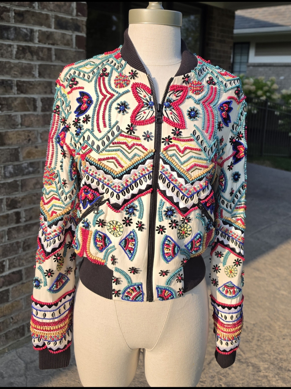 Alice + Olivia Ivory Bomber Jacket with Multicolor Embroidery